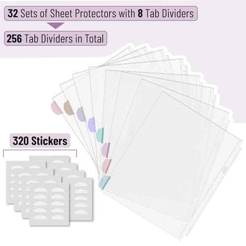 Mr. Pen- Clear Sheet Protectors with Tabs, 8 Tabs, 32 Sets, Clear Plastic Dividers for 3 Ring Binder, Insertable Index Page Divider Multicolor Tabs