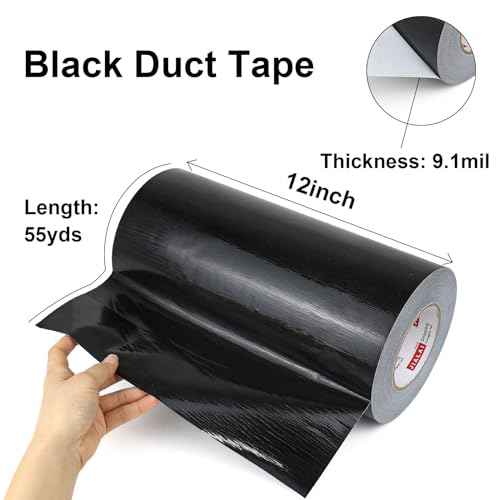 12" Black Duct Tape, Industrial Grade 12 inches x 55 Yards (164 ft) Wide Tape Duct, 9 Mil Heavy-Duty, Waterproof, Strong, Flexible, No Residue, for Crafts & Home Improvement