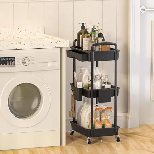 LLMRR 3-Tier Black Rolling Utility Cart with Drawer & Hooks - Multi-Purpose Storage