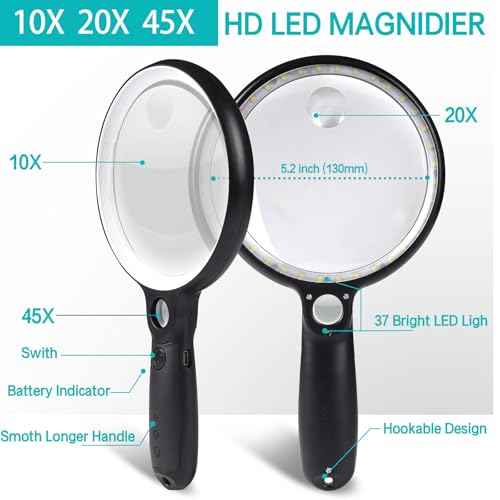 Large Magnifying Glass with 37 LED Light and Case, 10X 20X 45X Handheld Illuminated Lighted Magnifier with 3 Light Modes Rechargeable Magnifying Glass for Seniors Reading, Inspection (White & Black)