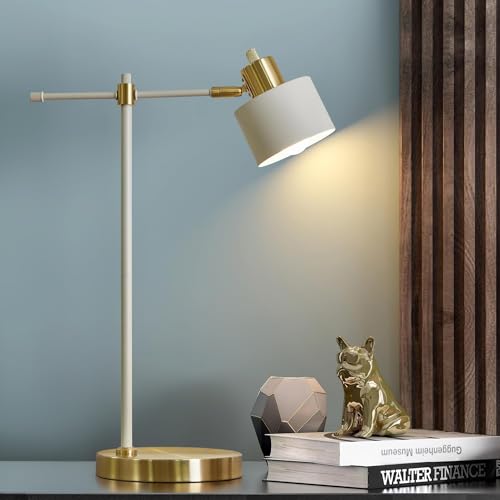 OYEARS Modern Industrial Desk Lamp for Reading LED 22.2¡° Metal Table Lamp Light for Office Bedroom Study Room Living Room Nightstand Bedside Lamps Gold and Matte Cream Accent (Cream, Bulb Included)