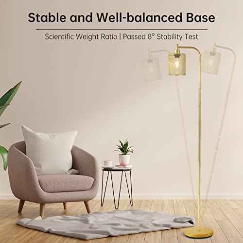 BoostArea Industrial Gold Floor Lamp, 67 Inch LED Standing Lamp with Iron Mesh Lampshade, 6W Brass Stand Up Lamp for Living Room, Bedroom, Office, Den