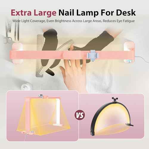 Nail Desk Lamp,34In Led Nail Light for Desk with USB Ports,Phone Holder & Stepless Dimming,6000K Half Moon Table Light for Eyelash Extension, Tattoo, Eyebrows(Pink)