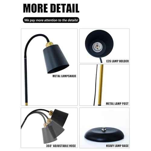 AoMck Floor Lamp, Industrial Metal Floor Lamps for Living Room with Adjustable Gooseneck Bendable 2 in 1 Reading Table Lamps for Living Room Bedroom Office (Black)