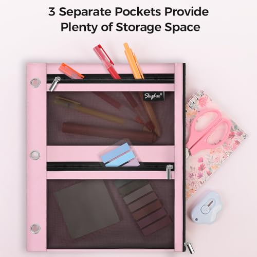 Pink SKYDUE Pencil Pouch for 3 Ring Binder 11x9 with Mesh Window & 3 Pockets