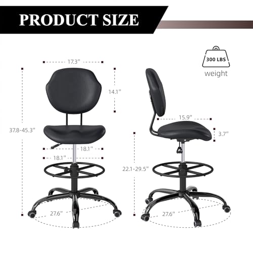 Nusetx Drafting Chair with Back Support - Tall Adjustable Rolling Stool (Set of 2, Black)