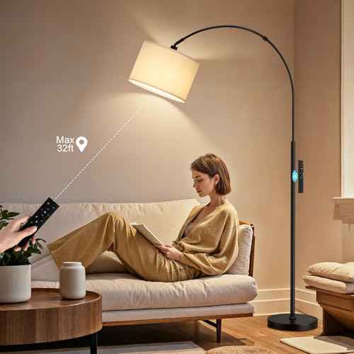 Ambimall 70' Dimmable Arc Floor Lamp with Remote, Color Temperatures and Brightness Adjustable, Arched Floor Lamp with Rotating Head, Over Couch Arched Light for Living Room (Deep Beige and Black)