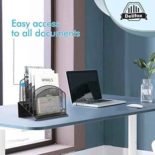 Inclined Desk File Organizer, 5-Section Vertical File Folder Holder Stand Metal Rack File Sorter for Office Classroom Desktop Organization (Black, 1Pack)