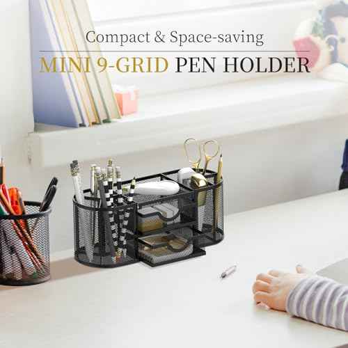 SUPEASY Mesh Desk Organizer, Desk Organizers and Accessories, Pen Holder with Drawers, Pencil Holder for Desk with 2 Drawer for Office Supplies, Black