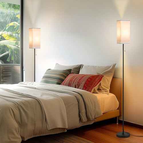 Tall Floor Lamp Set of 2 with Linen Shade - 3 Color Temperature, Black, LED Bulbs, Pull Chain Switch, Easy Assembly(2 Pack)