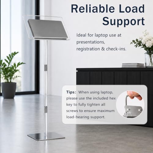 Koretech Clear Acrylic Podium Stand with Metal Base, Adjustable Angles 15x11 in, 52 in tall for Church, Weddings, Classroom