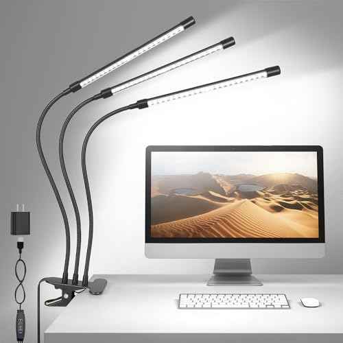 ShineTech 3-Head LED Desk Lamp with Clamp, Eye-Caring Clip-on Light for Home Office, 4 Color Modes & 6 Brightness Levels, 360¡Æ Flexible Gooseneck Desk Lights for Dorm Room, Reading, Nail, Black