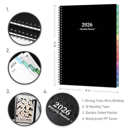 2026 Monthly Planner - JAN. 2026 - DEC. 2026, 2026 Planner with Colorful Tabs, 8" x 10", Monthly Planner/Calendar 2026 with Contacts, Back Pocket, Thick Paper, Twin-Wire Binding - Waterproof Cover(Black)
