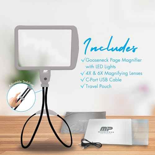 MagniPros Rechargeable Goose-Neck Page Magnifier with 3 Color Light Modes - 4X & 6X Interchangeable Lenses