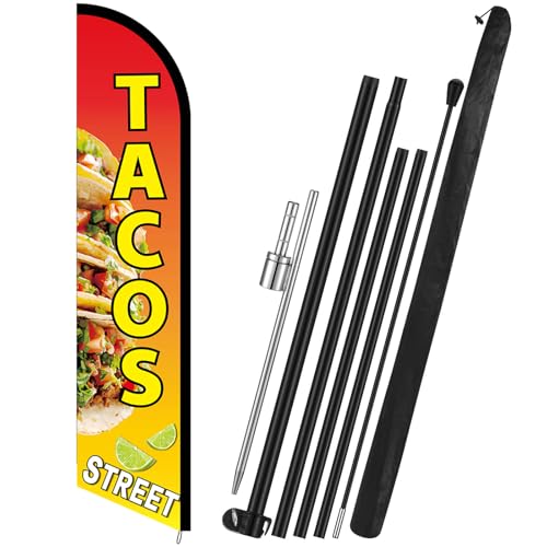 Tacos Street Advertising Swooper Flag Banner 15ft Feather Flag with Pole and Ground Stake Advertising Feather Banner Sign for Restaurant Business Outside Ground