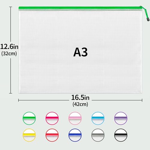 JARLINK A3 (16.5x12.6 in, 12 Pcs) Mesh Zipper Pouch, 12 Colors Extra Large Zipper Bags, Waterproof File Pouches for Office Supplies, Puzzles, Board Game, School, Travel Accessories & Craft Projects