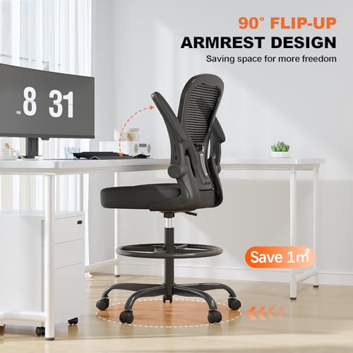 Synorla Ergonomic Drafting Chair with Mesh Back & Flip-Up Arms - Adjustable Office Stool