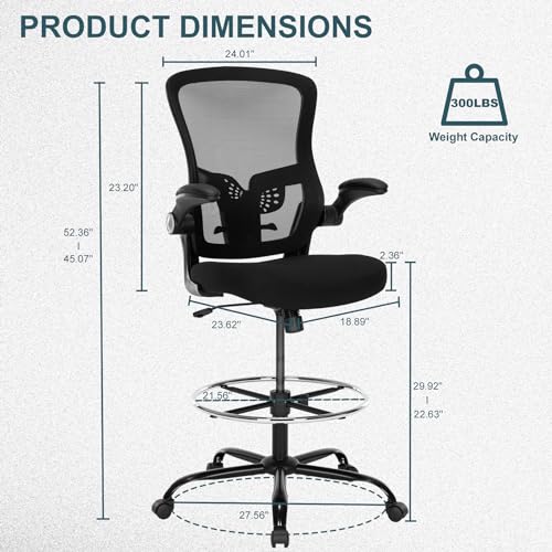 Luckyear Ergonomic Drafting Chair Tall Office Stool with Footrest, Mesh Back & Flip-Up Arms