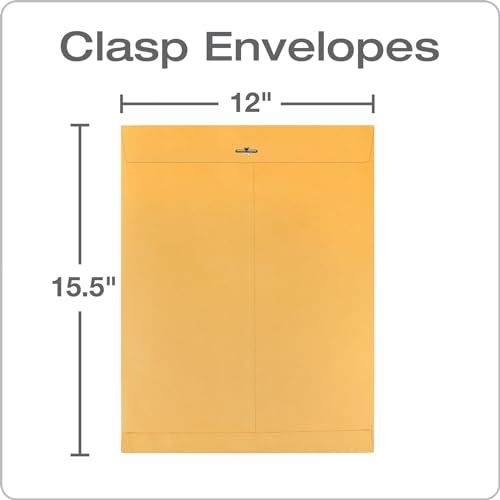 Quality Park 12 x 15.5 Clasp Envelopes with Gummed Flaps, Heavyweight Kraft, 100 Pack