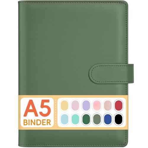 Sooez A5 Notebook Binder, 6 Ring Planner with Stylish Design, Loose Leaf Personal Organizer Cover with Magnetic Buckle Closure, PU Leather Binder for Women with Macaron Colors (Olive Green)