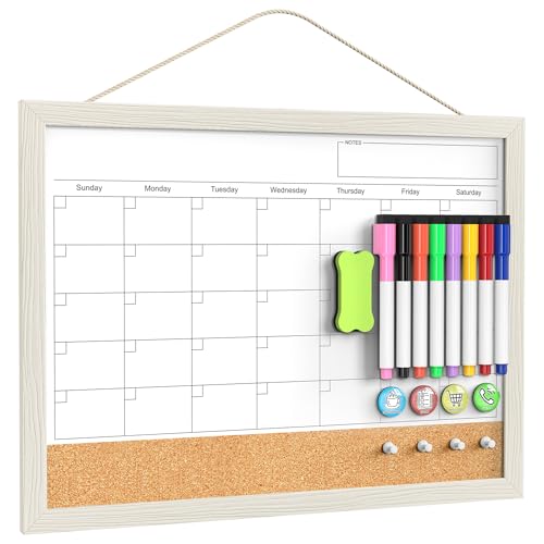 Tankee 17x13 Wall Dry Erase Calendar with Corkboard - White/Wood Frame