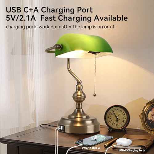 Green Glass Banker's Desk Lamp, Antique Banker Desk Lamps, Traditional Library Lamp with USB Charging Port, Vintage Desk Lamp Green Shade for Office Study Room, Pull Chain Switch