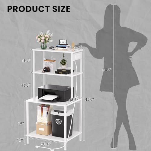 Printer Stand with Charging Station, 49"Tall 4-Tier printer Stand with Storage, Large Printer Table for Home Office, Kitchen, Living Room, PrinterCart Beside Desk for Printer, Scanner (White)