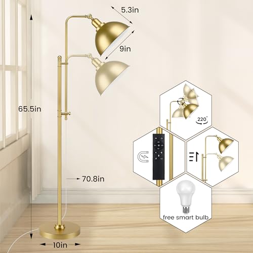 PARTPHONER Industrial Floor Lamp Adjustable, Rustic Farmhouse Reading Lamp in Aged Gold Finish, Modern Standing Lamp with Remote Control Metal Shade for Living Room Bedroom Study Room Office Hotel
