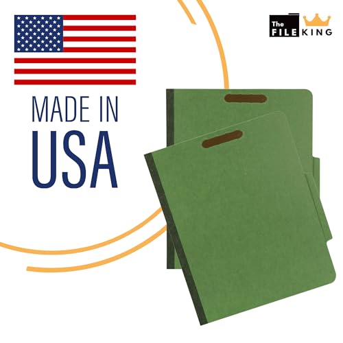 The File King Two Divider Pressboard Classification Dark Green File Folder - Letter Size | Box of 10 | 2/5 ROC Top Tab | 2¡± Expansion | Six 2-Inch Fastener Prongs | Made in America