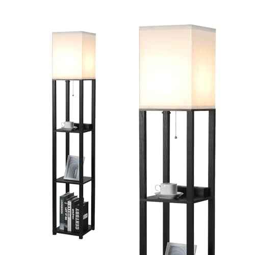 Floor Lamp with Shelves and USB, USB-C & Power Outlets, Shelf Lamp with Charging Station, Modern Square Lamps for Living Room, Standing Floor Lamp for Bedroom and Office, Tall Lamp, Black