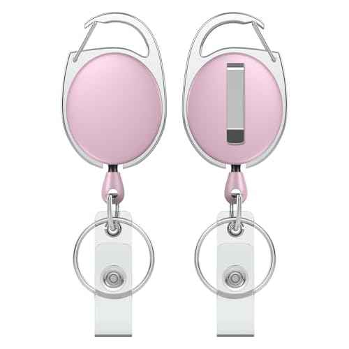 Uniclife 2 Pack Retractable Badge Reel for Badge Holder Pink Heavy Duty Retractable Keychain Strong ABS Casing with Stainless Steel Spring Coil 24 Inch Nylon Rope Carabiner Clip and Key Ring