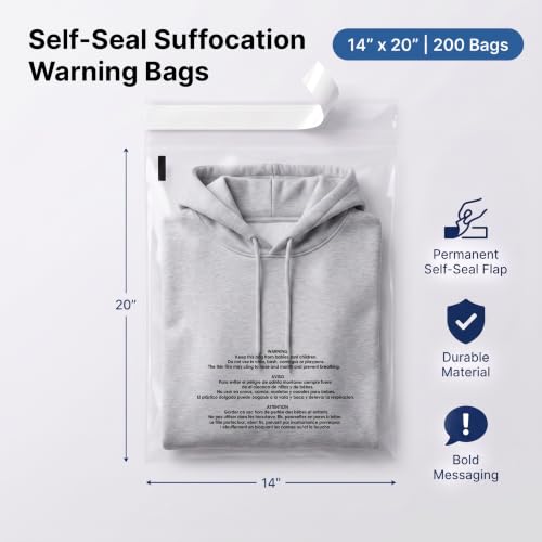 14” x 20” Self Seal Clear Poly Bags with Suffocation Warning – 200 Pack, Durable & Tamper-Evident