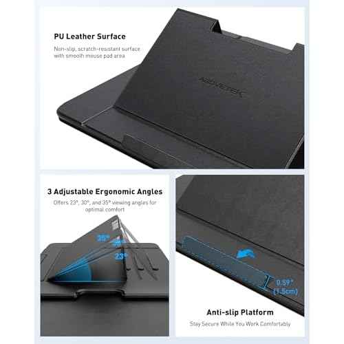 AboveTEK Adjustable Laptop Lap Desk, 3 Ergonomic Angles, PU Leather Non-Slip Surface, Heat Shield, Retractable Mouse Pad, Portable Laptop Lap pad Workstation for Bed, Sofa, Travel