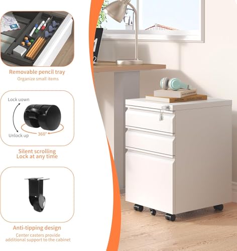 Guizeeopo White 3-Drawer Locking File Cabinet for Home Office, A4/Letter/Legal