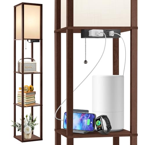 OUTON Floor Lamp with Shelves, LED Shelf Floor Lamp with USB & Type C Ports, 1 AC Outlet, 3 Color Temperature, Storage Display Wood Column Tall Standing Lamp for Living Room, Bedroom Office, Walnut