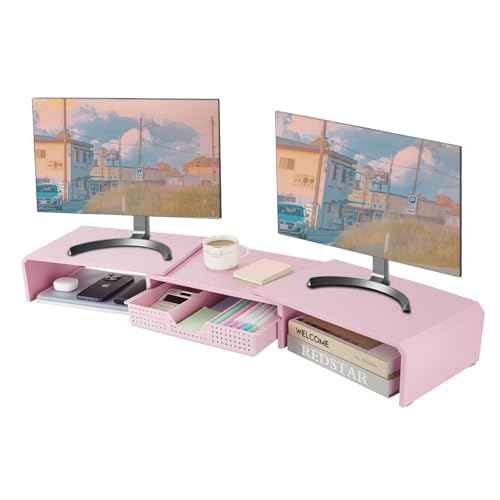 Dual Monitor Stand Riser with Drawer, Desk Organizer and Accessories, Pink Monitor Stand for Desk, Desktop Stand for Computer, Laptop, TV and More (Pink)