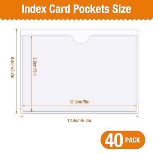 40 PCS Index Card Pockets, Self Adhesive Card Pockets 3"X5" with Top Open, Clear Label Pockets for Storage Bins, Plastic Labels Holders for Organizing, Loading, Drawer,Library Card, Totes (3"X5")