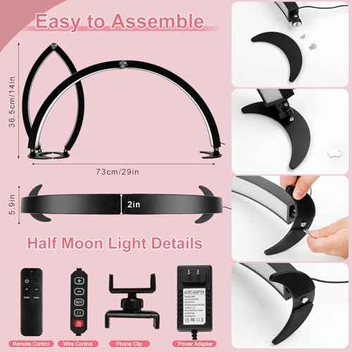 BQAN Half Moon Light for Nail Desk, 29'' 40W Nail Tech Desk Lamp with Phone Holder & Wire Controller & Remote, Stepless Adjustment Desk Lamp for Nails, Tattoo, Eyelash Extensions (Black)
