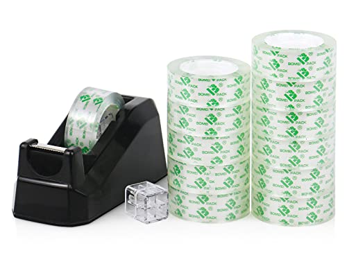 BOMEI PACK Black Desk Tape Dispenser 1 Pack with 12 Rolls Clear Tape, 1in Core