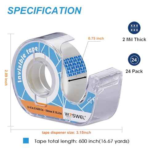 Tape Refills with Dispenser, 24 Roll Invisible Tapes, 3/4 Inch X 600 in, Gift Wrapping Tapes Back to School Supplier for Home School Office Use