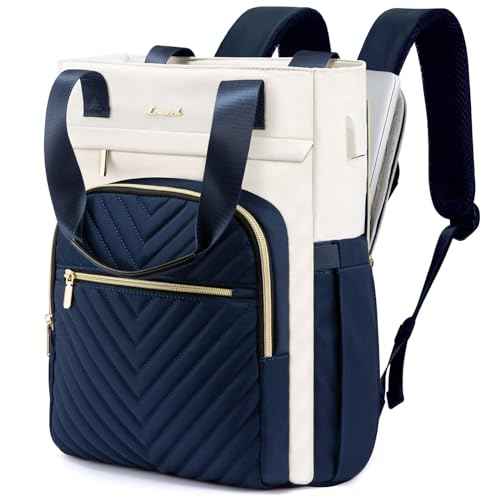 LOVEVOOK Laptop Backpack for Women, 17.3 inch Work Business Backpack with Laptop Compartment, Wide Top Open Teacher Nurse Bag with USB Port, Waterproof Computer Backpack Purse for travel,Blue-White