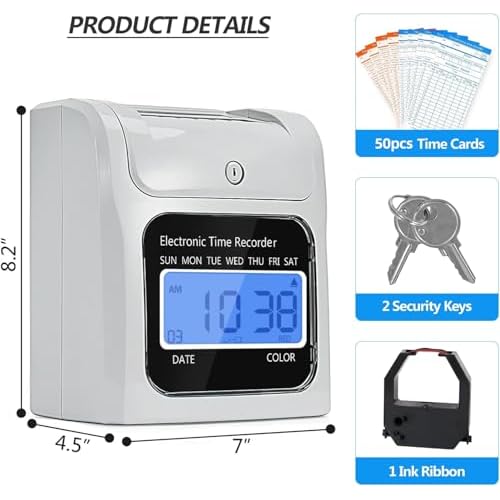 Employee Time Clocks for Small Business, Auto-Align Time Clock Punch Machine with 50-Piece Time Cards, Two Security Keys, and One Ink Ribbon Cartridge