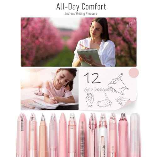 Four Candies Rose Series Gel Pens, Cute Writing Pens with Black & Pink Ink, 0.5 mm Smooth Fine Point, Back to School Office Supplies Girly Stationery Aesthetic Desk Accessories for Women, Set of 12