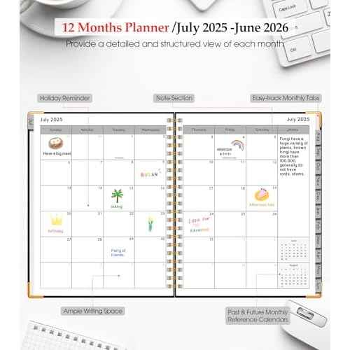 Academic Planner 2025-2026, Weekly and Monthly Calendar Planner from July 2025 - June 2026, 8.5" x 11" Hardcover Leather Hourly Appointment Book with Tabs, Spiral Daily Planners for College School Teacher Student, Black
