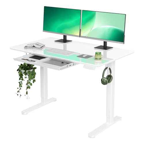 INNOVAR Glass Standing Desk with Drawers, 48¡¿24 Inch Adjustable Stand Up Desk Quick Install Home Office Computer Desk, White