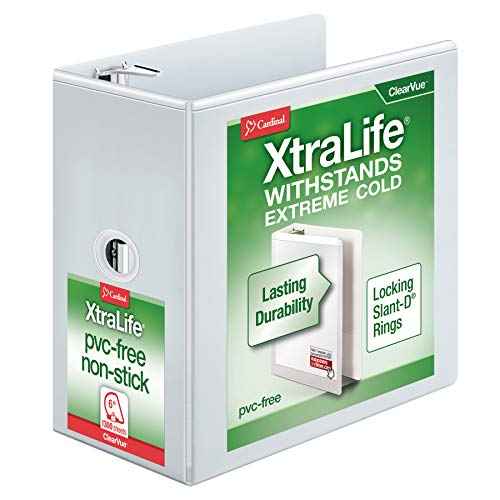 Cardinal 3 Ring Binder, 6 Inch Heavy Duty XtraLife Binder, Locking Slant-D Rings, Crack-Resistant Cover & Spine, ClearVue Covers with Shelf Pull, Holds 1,300 Sheets, White (26366)