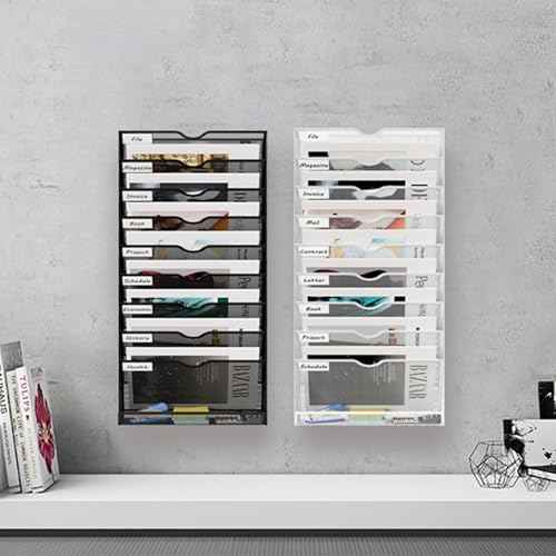 10 Tier Hanging Wall File Holder, Metal A4 Wall Mounted Document Holder, Vertical Hanging Mail Organizer, Magazine Storage Rack With Tray For Office Home Classroom, Black