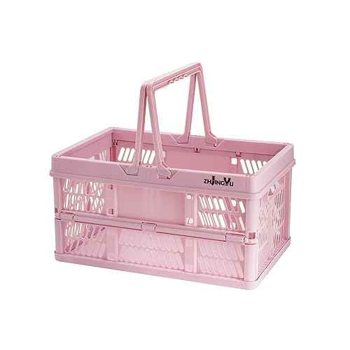 Pink crates for storage,plastic baskets for organizing,collapsible shopping basket,20L foldable crate with Handles,9.84"x14.96" x 7.87",Car Milk Dairy crate for Kitchen,Bathroom,Medicine Garage