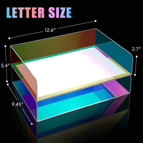 Acrylic Letter Tray 2-Tier Iridescent Stackable Desk Paper Tray Organizer and Office Accessories Supplies, Rainbow Letter Size Desk Accessories Storage Organization (Portrait)
