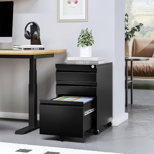 STANI 25" H 3-Drawer Mobile File Cabinet with Lock, Black, Under-Desk Locking Office Cabinet